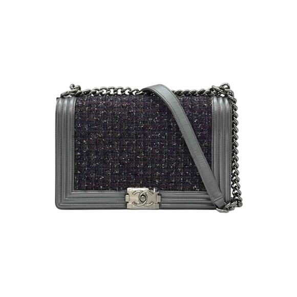 CHANEL Boy Medium Tweed Leather In Metallic Grey - Picture 1 of 5